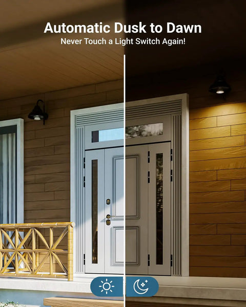 Front porch showing 4 Pack PAR30 LED Dusk to Dawn Flood Light Bulbs With Photocell Sensor illuminating entrance automatically.