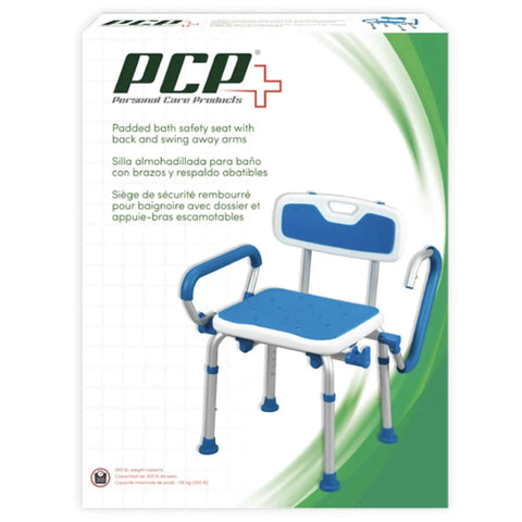 Shower Safety Chair With Backrest And Foam Padding, Adjustable Height Bath Bench With Swing Armrests on packaging