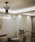 Modern Firework Crystal Dandelion Chandelier Pendant Lighting for Living Room with adjustable rods, 19 light black fixture.