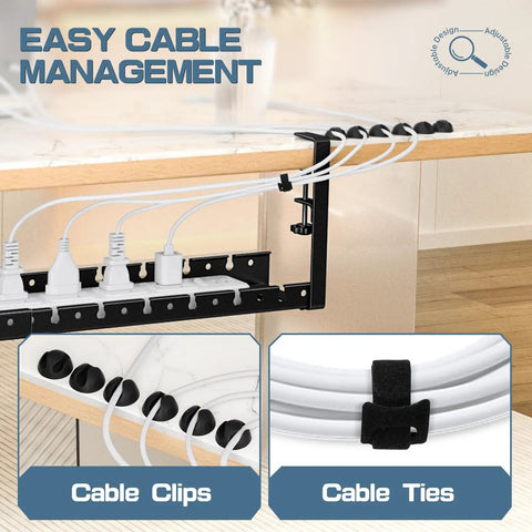 Under Desk Cable Management System With Adjustable Organizer And Adhesive Clip Holders, no drill setup, shown installed
