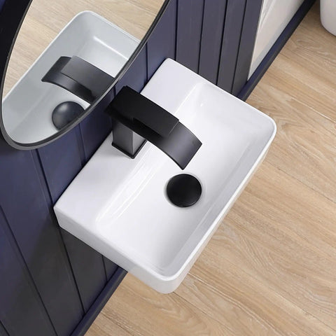 Super Compact Wall Mount Bathroom Vessel Sink In Crisp White Porcelain, Rectangular Floating Vanity Basin with black faucet.