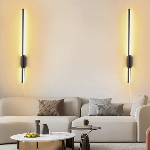 Set Of Two Black Matte Plug In Wall Sconces With Cord Switch LED Linear Wall Lights Sleek Slim Design in living room
