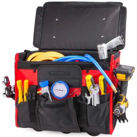 18 inch Rolling Tool Bag Organizer With Wheels, open to show hand tools, power tools, and accessories in wide storage compartments.