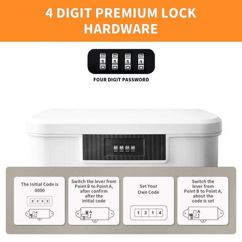 Solid Heavy Duty Lockable Storage Container Bin With Easy Combo Lock Secure File Organizer Box For Home Office Gear Built Tough Plastic Tote In White Finish showing 4 digit lock and setup instructions.