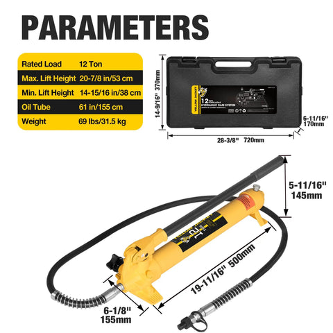 Badass 12 Ton Porta Power Kit Hydraulic Ram Push Pull Tool Set With Leakproof Heavy Duty Steel And Rugged Protective Carry Case dimensions and parameters.
