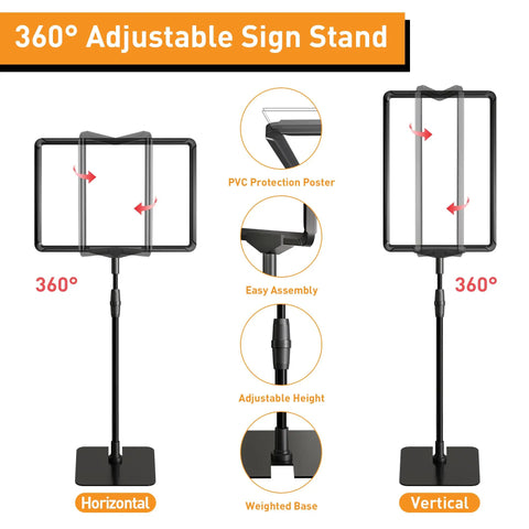 360° adjustable sign holder stand for 8.5x11 signs tabletop and floor display, featuring rotating frames and adjustable height