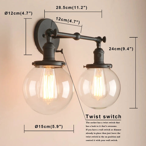 Two Light Vintage Wall Sconces With On Off Switch Globe Glass Vanity Bathroom Light Fixtures Industrial Style dimensions