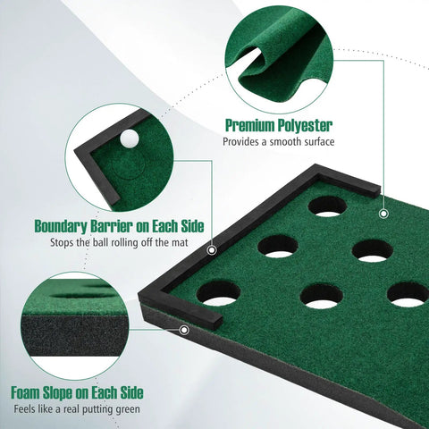 Indoor Outdoor 11Ft Golf Putting Mat Set with close-up of polyester surface, boundary barriers, and foam slope detail