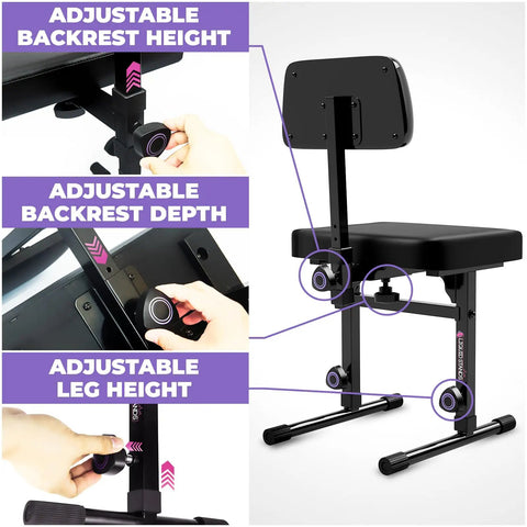 Heavy Duty Piano Keyboard Stand With Wheels And Adjustable Bench For 54 To 88 Key Digital Pianos Portable Rack And Stool Set showing adjustable backrest, depth, and leg height.