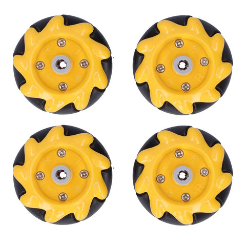 Set of four yellow plastic omni-directional mecanum robot wheels with black rubber tires, 48mm diameter (two pairs)