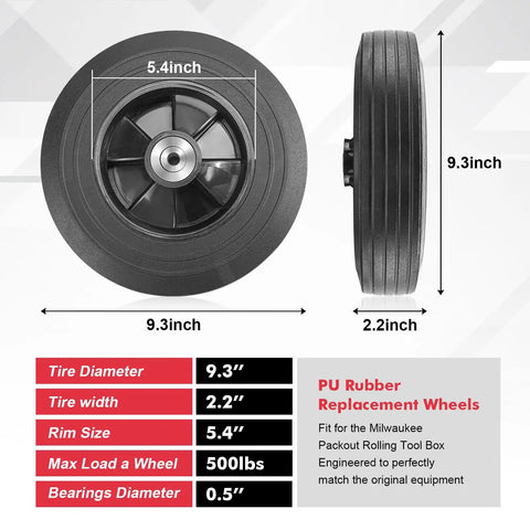 Two Pack Nine Point Three Inch Replacement Rolling Wheels For Tool Boxes And Trailers Dense Polyurethane Tires shown from front and side.