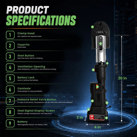 Product specifications of 18V Cordless Brushless Electric Pressure Tool 60KN for copper pipe fittings with detailed features.