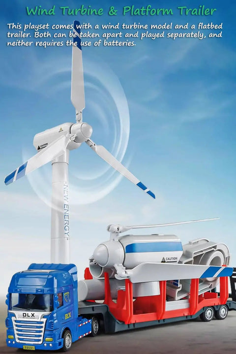 2 In 1 Wind Turbine And Platform Trailer Playset featuring a wind-up turbine model and a movable flatbed trailer, battery-free STEM kit.