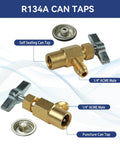 R134A can taps set: two brass taps, self-sealing and puncture, with 1/4 in ACME male fittings.