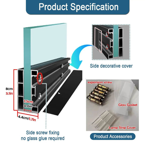 Product specification for Solid As A Rock Silver Aluminum Glass Railing Spigot Clamps showing components and dimensions.