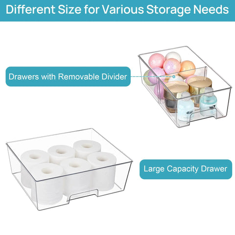 Clear Stackable Acrylic Storage Drawers 3 Pack Wide Organizer Bins showing different sizes for storage needs with removable dividers.