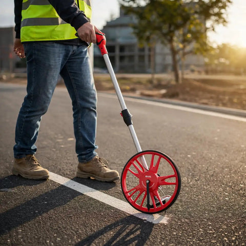 Person using Hella Portable Foldable Distance Measuring Wheel With Bright Lcd Screen And Built In Carry Strap on a road