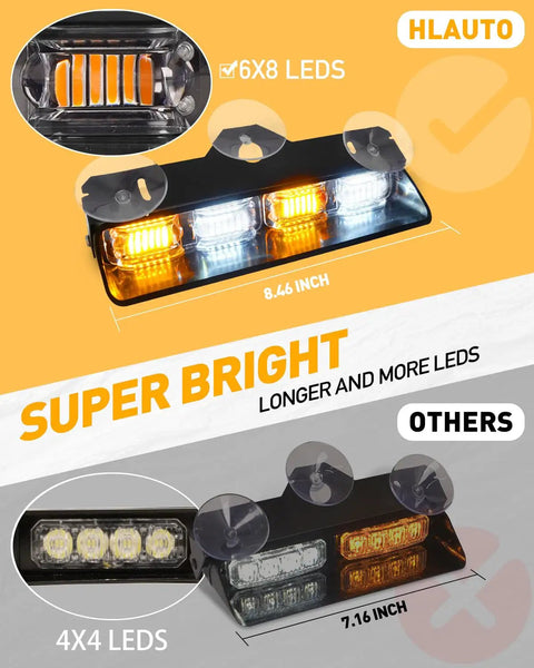Boss Level Amber White Emergency Dash Strobe Light Bar For Trucks And Construction Vehicles Windshield Visor Mount 48 Led Warning Hazard Flashing Lights with 8.46 inch size.