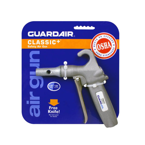 Xtra Thrust 75XXT Safety Air Blow Gun With Venturi Alloy Nozzle on display packaging, OSHA compliant ergonomic pistol grip