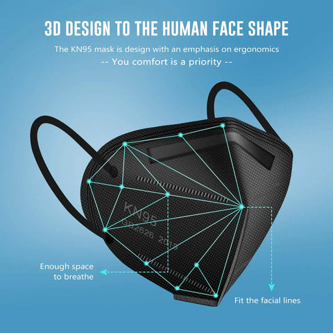 Five Layer KN95 Disposable Face Mask Pack, 50 Count With Colorful Set In Black White Grey Red Purple - 3D ergonomic design
