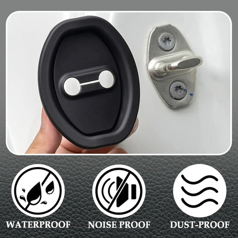 4 Pcs Car Door Latch Guard Covers Silicone Lock Protectors for Noise Reduction being held next to car latch