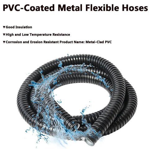 Rock Solid Flexible Metal Conduit With Kickass Flexibility And Protective Coated Steel Hose For Heavy Duty Electrical Wire Protection Smooth Corrugated Tubing Indoor Outdoor, coiled black PVC coated metal flexible hose.