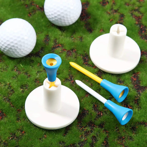 18 Piece Rubber Golf Tees And Tee Holder Kit with plastic tees on artificial turf for indoor outdoor practice