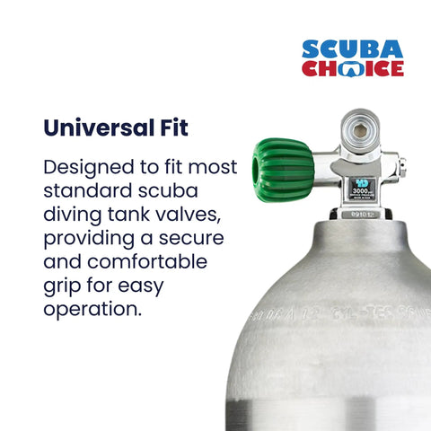 Oval Grip Scuba Diving Tank Cylinder Valve Knob For Easy Handling, PVC Construction with green color and 23mm thread shown on tank