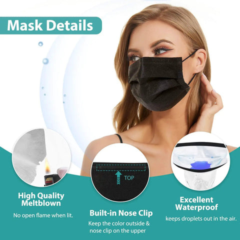 Woman wearing 4 Layer Black Disposable Mask With White Inside Breathable Single Use Dust Mask For Adults Men Women Upgraded Wider Soft Earloops