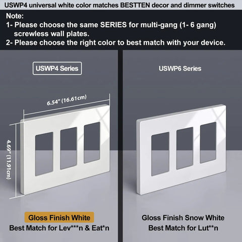 2 Pack 3 Gang Screwless Wall Plate Glossy Off White Decorator Outlet Cover 4.69 In Height By 6.54 In Width displayed in comparison.