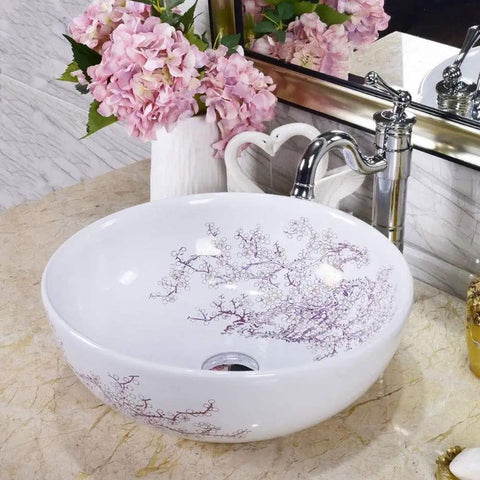 Top Shelf Above Counter Vessel Sink For Modern Bathroom Vanity High Gloss Art Porcelain Wash Basin Built Tough Ceramic Craftsmanship And No Sweat Install 40X15 Cm Slick Finish with floral design.