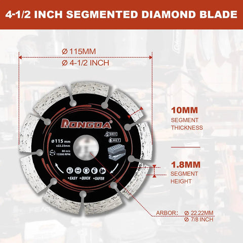 Four Point Five Inch Segmented Diamond Saw Blades Two Pack Angle Grinder Discs showing diameter, segment thickness for concrete cutting.