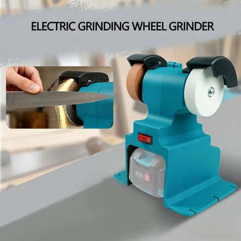 Banapoy 200W Cordless Mini Bench Grinder with 7000Rpm Buffer Polisher shown with grinding wheel in use.