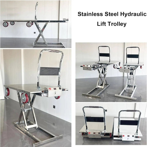 Heavy Duty Electric Rechargeable Folding Forklift Cart With Hydraulic Lift Platform For Pickup Trucks And Vans 300 KG Capacity 43 Inch Height in stainless steel design.