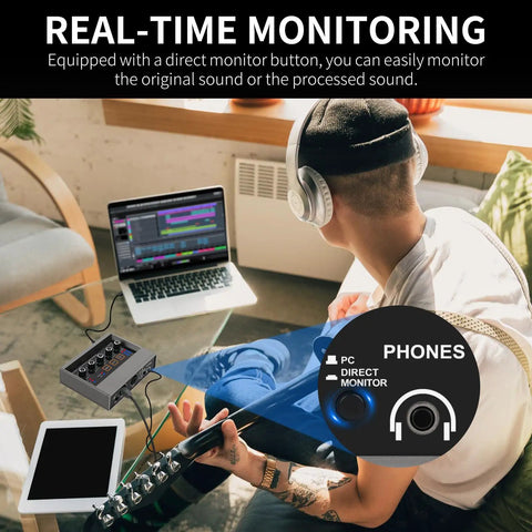 Musician using USB Audio Interface For PC With Touch Model 16 Bit 48 kHz Audio Quality DSP Effects 48V Phantom Power XLR Input