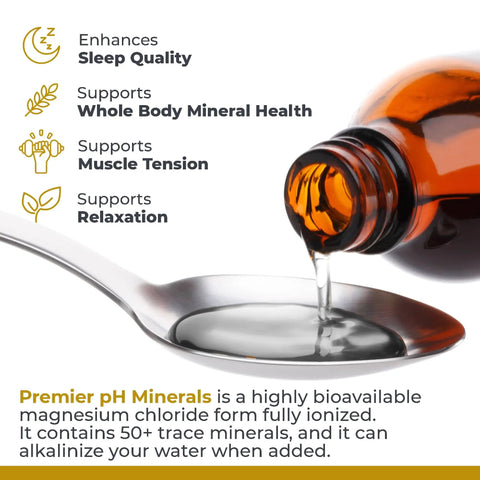 Close-up of PH Minerals Trace Mineral Drops being poured from amber bottle onto spoon, supporting hydration and mineral health.