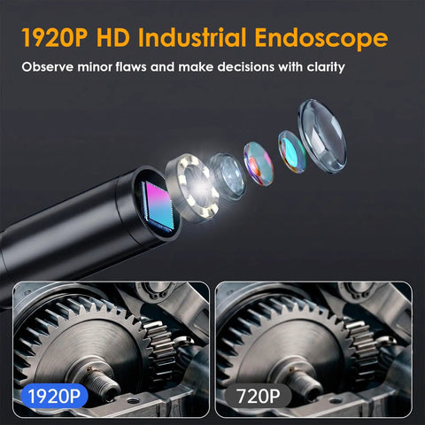 Ultra Clear Endoscope Camera With Light For Home And Auto Inspections, 1920x1440 HD Borescope With IP67 Waterproof Seal, SemiRigid Snake Camera, 16.4Ft Cable, 8 LED Lights, Works With iPhone And Android, For Pipes And Engine Bays, close-up lens graphic