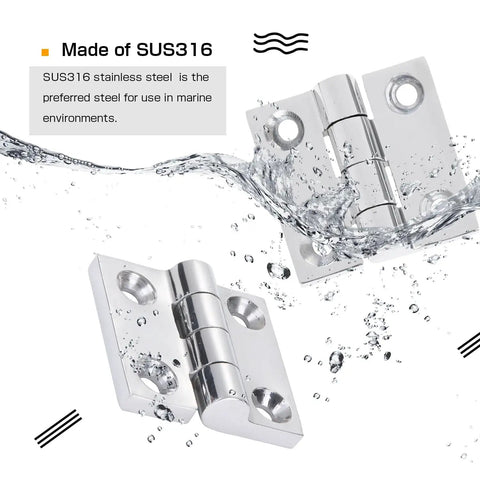 Heavy Duty Square Marine Hinge Built Tough As Nails From Top Tier Sus316 Stainless Steel With Sleek Swinging Motion and Elite Rust Defense For Boat Decks And Cabin Doors Selling As A 1.97 Inch Two Pack Setup shown in water.