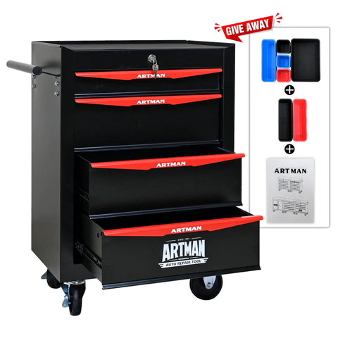Heavy Duty Rolling Tool Chest With Locking Wheels And Ball Bearing Drawers, Mobile Garage Tool Cart, Metal Black Tool Box, 4 Drawer