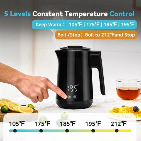 850Ml Small Electric Kettle With Temperature Control Your Quick Heat Buddy 800W Fast Boil Double Wall 304 Stainless Steel Five Temperature Presets Auto Shut Off Safe For Tea And Coffee Compact Kitchen Office Dorm Black with digital display, showcased with fruits and tea.