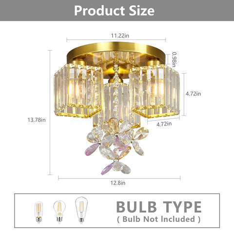 Three Light Semi Flush Mount Ceiling Fixture In Black And Gold With Crystal Accents, dimensions and bulb type shown