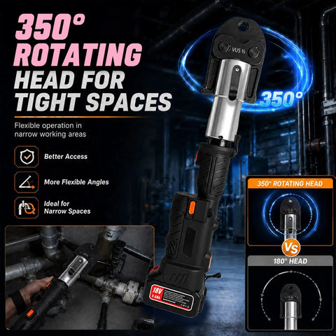 Heavy Duty 18V Hydraulic Pipe Crimping Tool With 60KN Power Fast 3S Crmp For Plumbing Professional featuring 350° rotating head.
