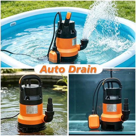 Heavy Duty Half Horsepower Submersible Water Pump With 110 Volt High Flow Utility Sump Motor And Auto Cutoff Switch in use for pool drainage.