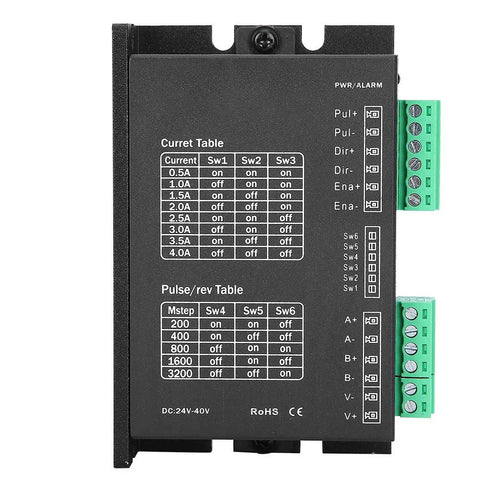 Nema 23 high torque stepper motor driver with current and pulse tables for automation control and heavy-duty machines.