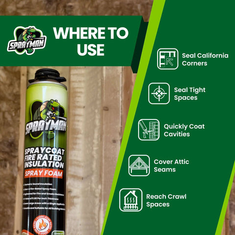 No Brainer Fire Rated Closed Cell Spray Foam Insulation Kit for Walls and Attics 240 Sq Ft displayed with benefits list.