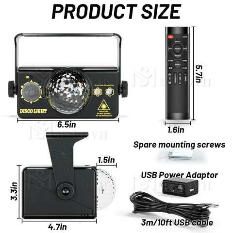 Product dimensions of Lit Party Lights Sound Activated DJ Disco Light With 3 In 1 RGB Ball Effects And 7 Color Wash shown with accessories.