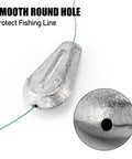 Five Pack No Roll Lead Sinker Weights 1 Ounce Flat Disc For Freshwater And Saltwater Fishing, Catfish, Surf, River Bank, Keeps Bait In Place Against Heavy Waves And Currents, Polished Surface To Protect Your Line. Close-up of smooth round hole detail.