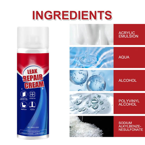 Leak repair cream spray showing ingredients: acrylic emulsion, aqua, alcohol, polyvinyl alcohol, sodium alkylbenzene sulfonate.