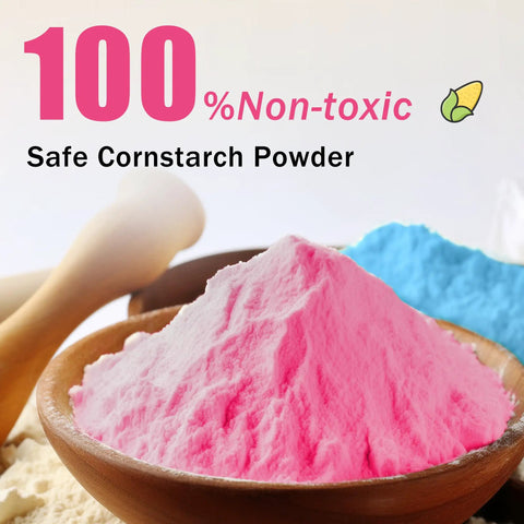 Ultimate Gender Reveal Fire Extinguisher Color Blaster Kit Featuring Safe Pink And Blue Powder in bowls, showing non-toxic cornstarch.