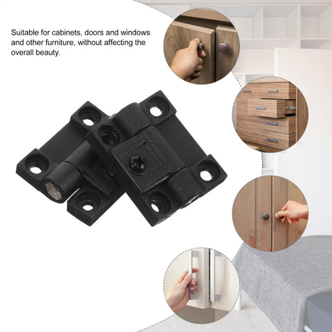 Torque Friction 90 Degree Right Angle Hinge For Cabinets And Industrial Boxes With Adjustable Torque Prevents Door Sag And Looseness Easy Install No Tool Needed Fast Fit Black Plastic Pair Luxshiny shown uninstalled with usage examples in cabinets and furniture.